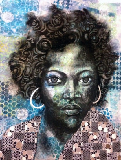 Delita Martin_Felise in Blue_2015_Gelatin printing, hand-stitched fabric, conte and acrylic_50 x 38